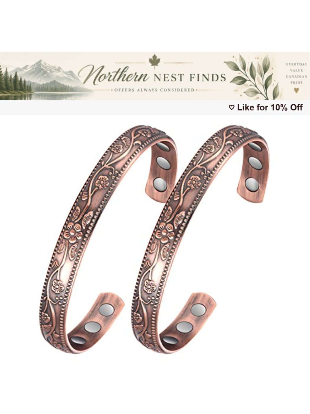 Pure Copper Magnetic Cuff Bracelets Vintage Flower Adjustable 2pc Set
